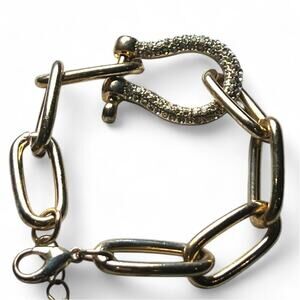 Gold Tone Chain Link Bracelet Shackle Horseshoe Crystals Women's